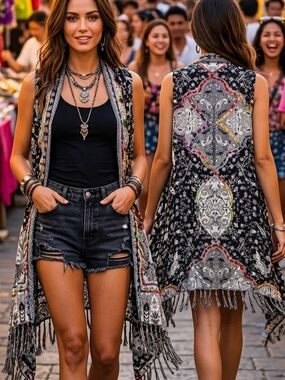 Embroidered Open Front Cardigan Vest featuring a bohemian paisley patchwork